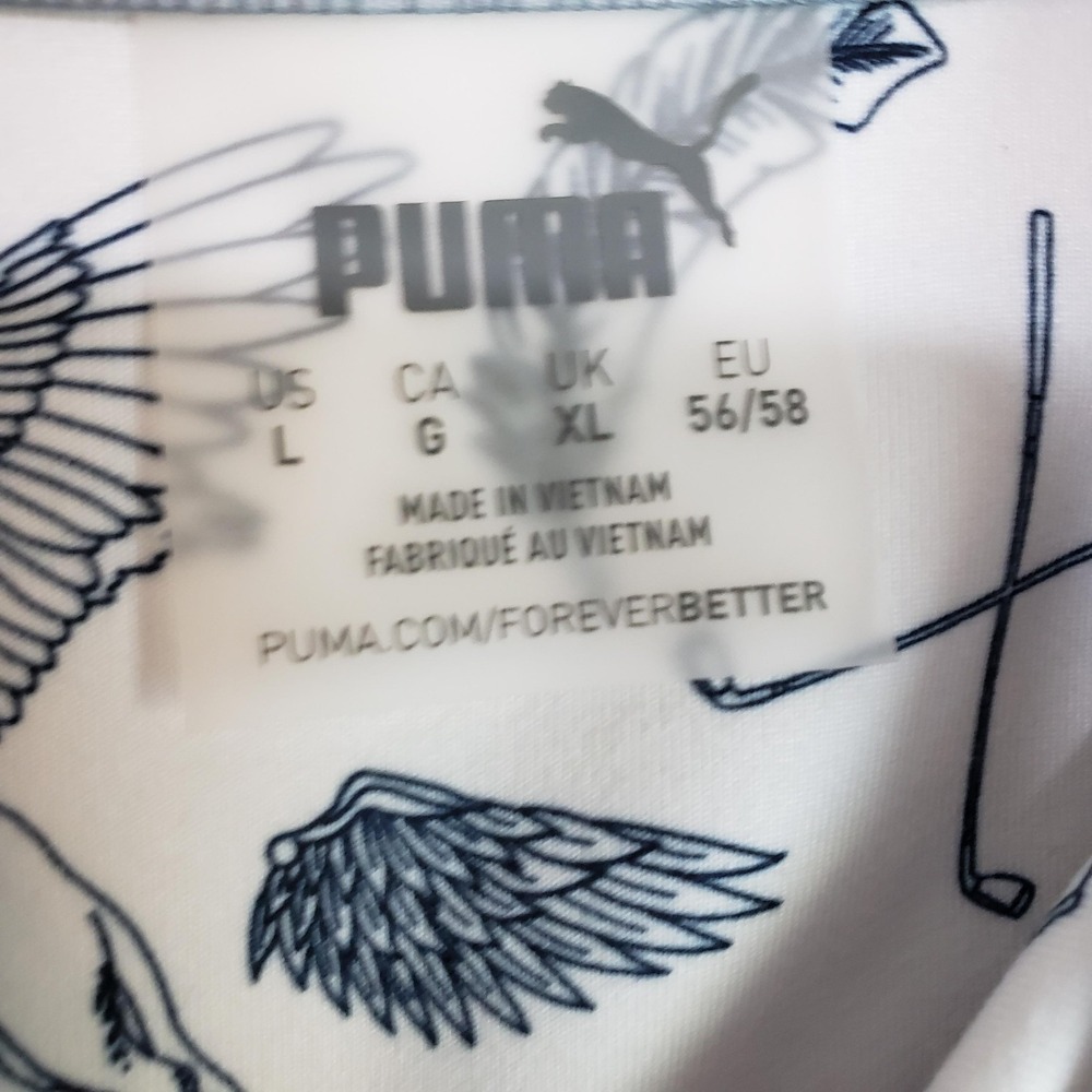 PUMA Polo Shirt Mens L White Winged Dog Golf Print Eagle Harbor Stretch Top - Picture 4 of 7